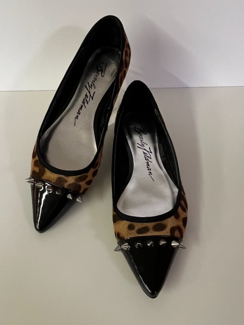Vintage Beverly Feldman Shoes Flats Leopard Calf Hair Spiked Patent Cap Toe W 8M